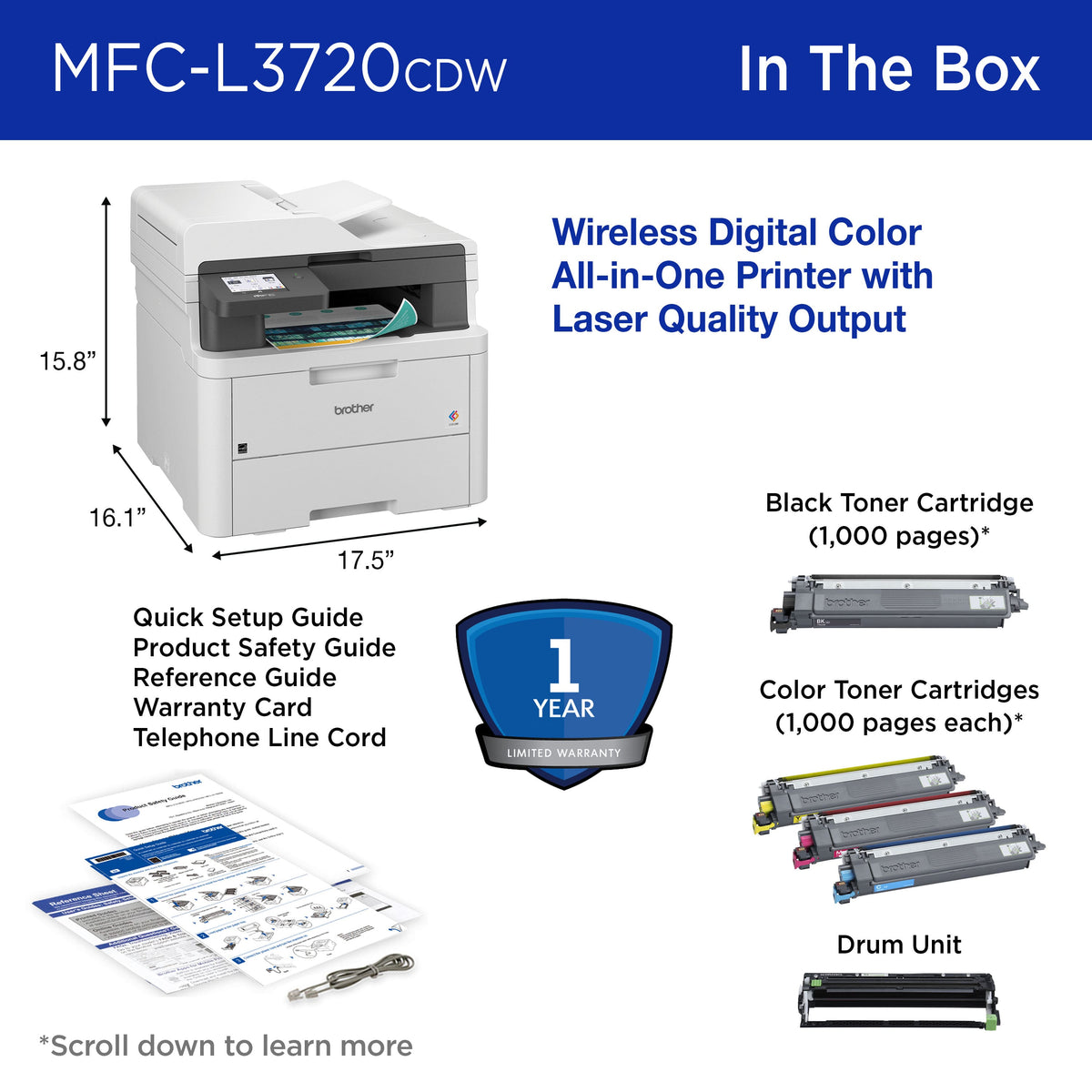 Brother - MFC-L3720CDW Wireless Digital Color All-in-One Printer with Laser Quality Output, Great for Small Offices - White