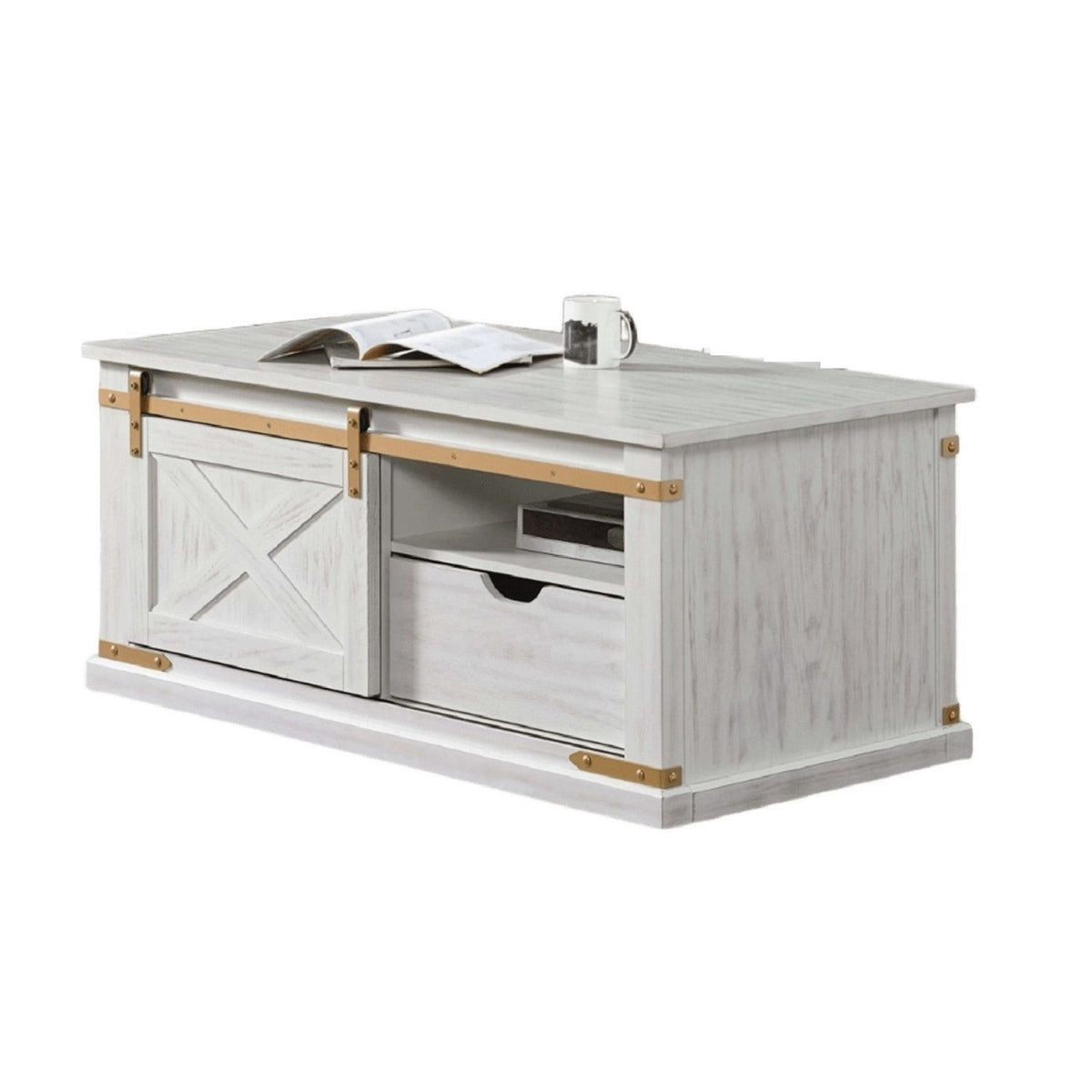 Mesa de centro con cajón de almacenamiento y estantes abiertos - Blanco antiguo / Dorado