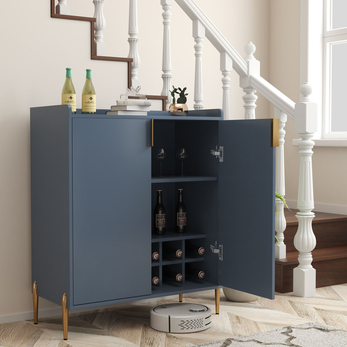 Mueble Bar Para Vinos Con Estante Ajustable, Aparador De 2 Puertas Con Bisagras De Cierre Suave Y Patas