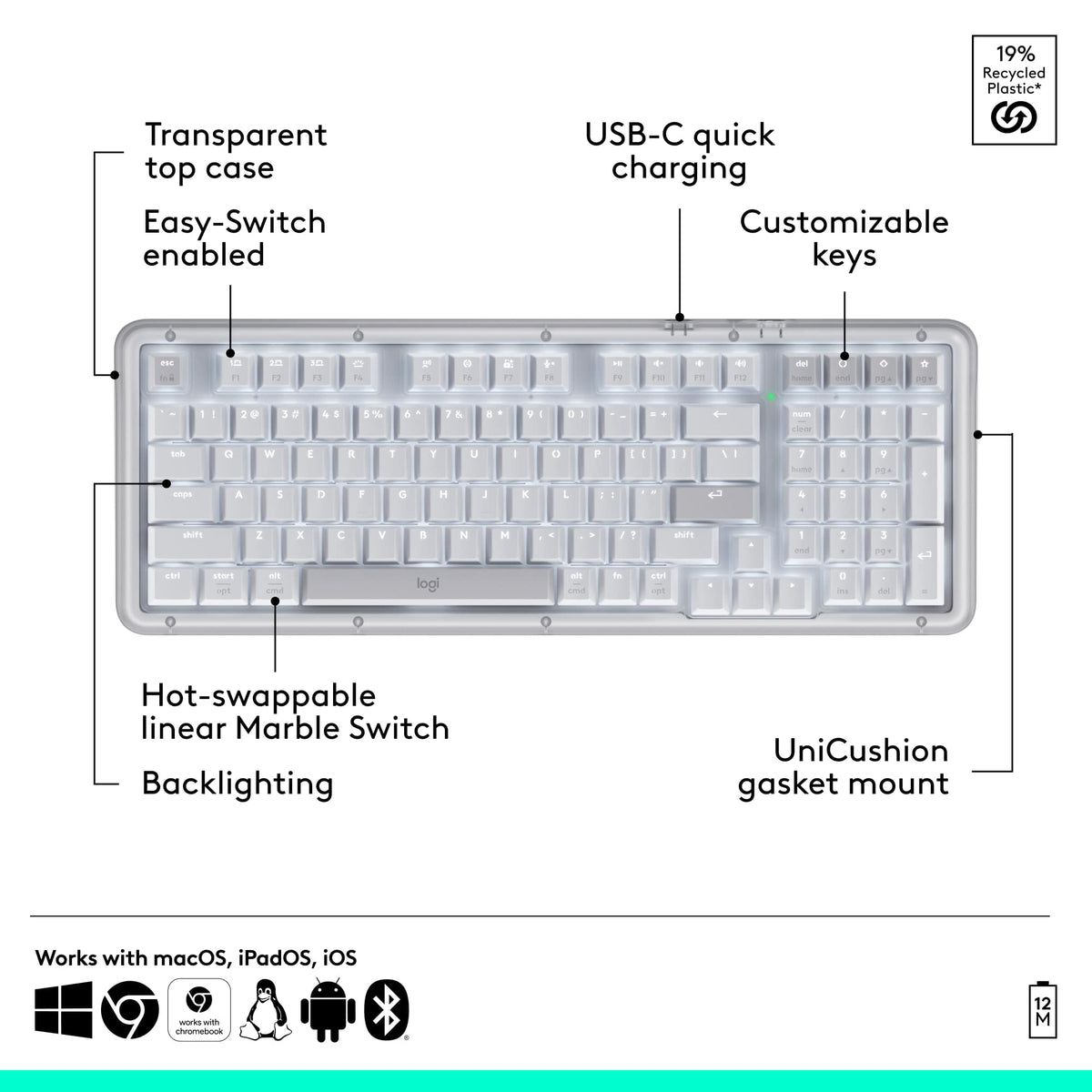 Logitech - Alto Keys K98M Full-size Wireless Mechanical keyboard with Backlit keys for PC, Mac, Laptops - Off-white