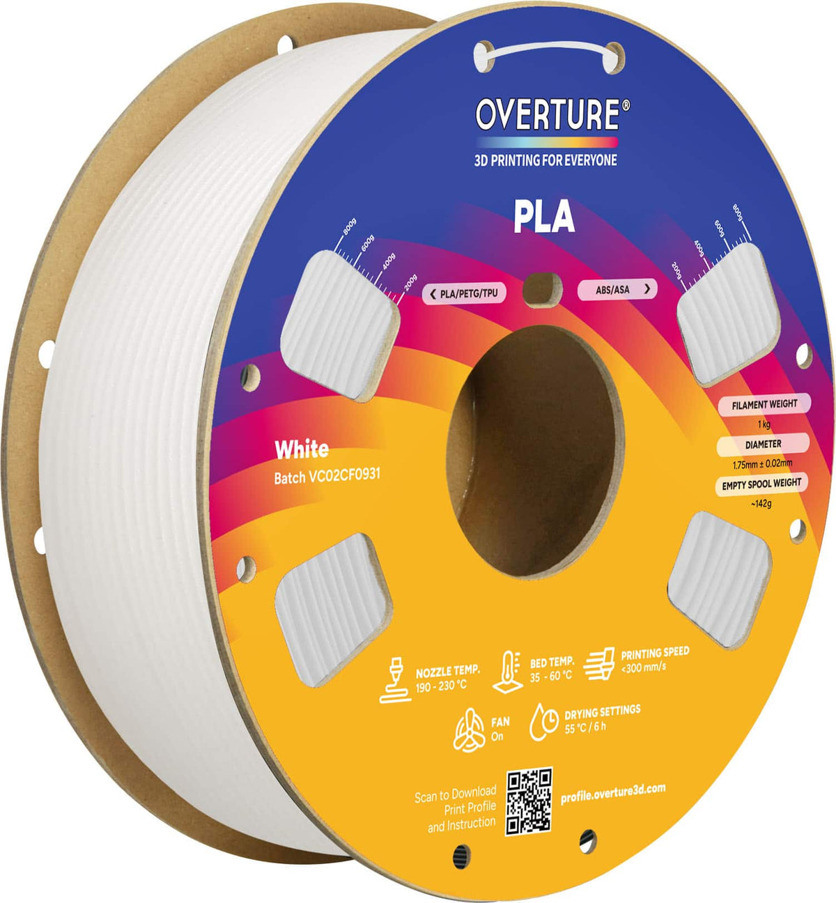 Overture - 1.75 mm PLA+ 3D Printer Filament - White