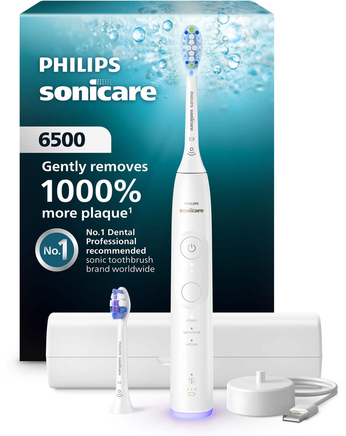 Philips Sonicare - 6500 Electric Toothbrush - Next-Generation Sonicare Technology, 9 Brush Settings, Travel Case - White