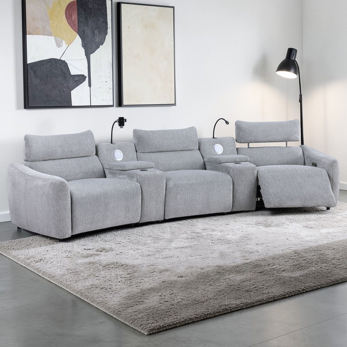 Fullar - Sofá Seccional Modular Reclinable Eléctrico Con Consola, 2 Cargadores Inalámbricos, 4 Portavasos Y 2 Altavoces, 1 Soporte Para Teléfono Y 1 Lámpara de Lectura, Reposacabezas Ajustable - Gris Claro