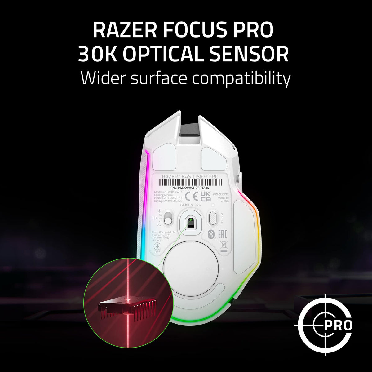 Razer - Basilisk V3 Pro Optical Gaming Mouse with HyperScroll Tilt Wheel - Wireless - White