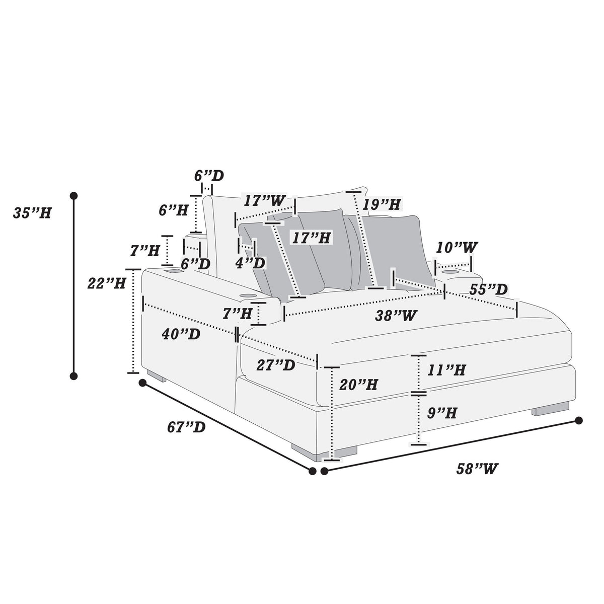 Chaise longue con 2 portavasos y puertos USB