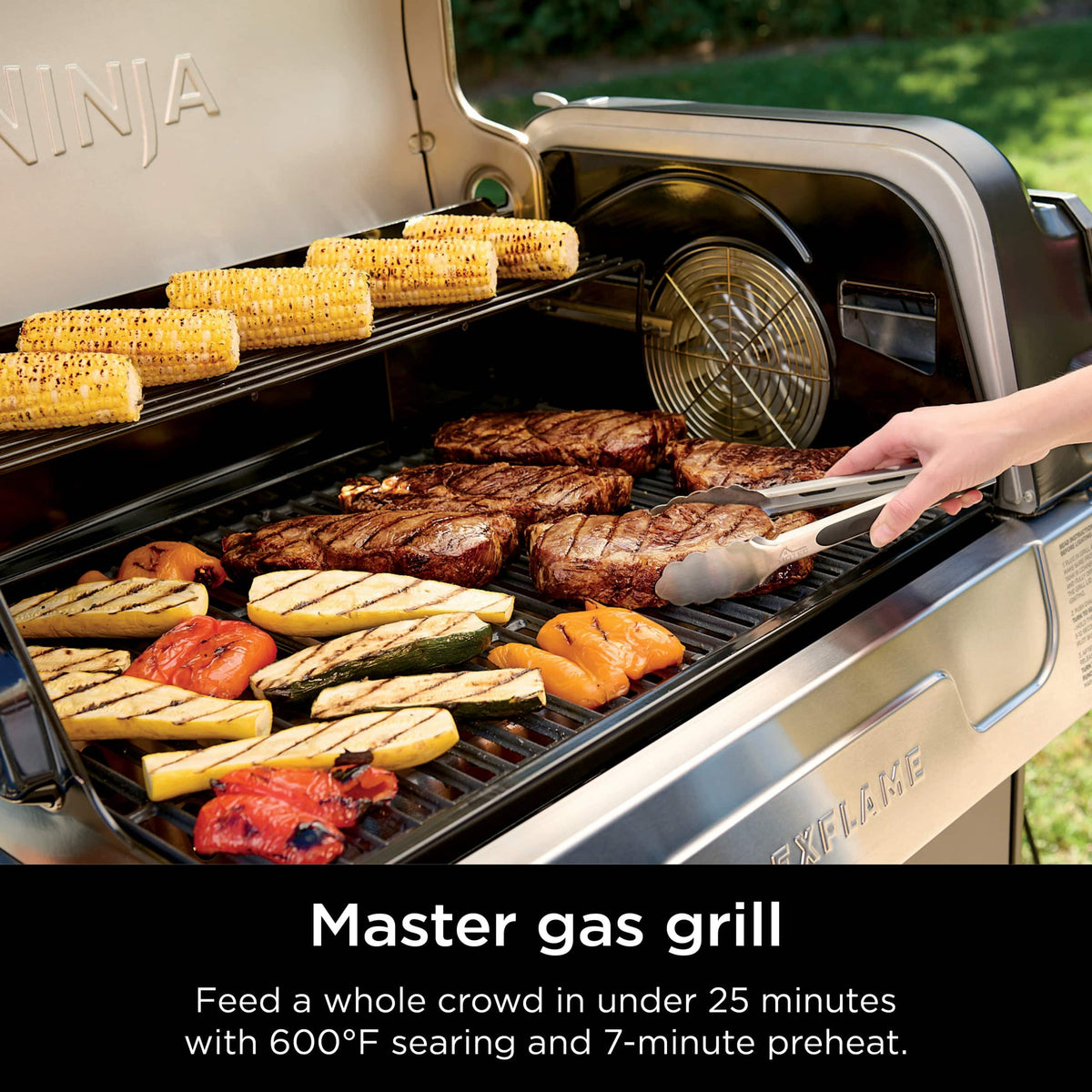Ninja - FlexFlame Electric & Propane Grill, 5-in-1 Outdoor Cooking System - Stainless Steel