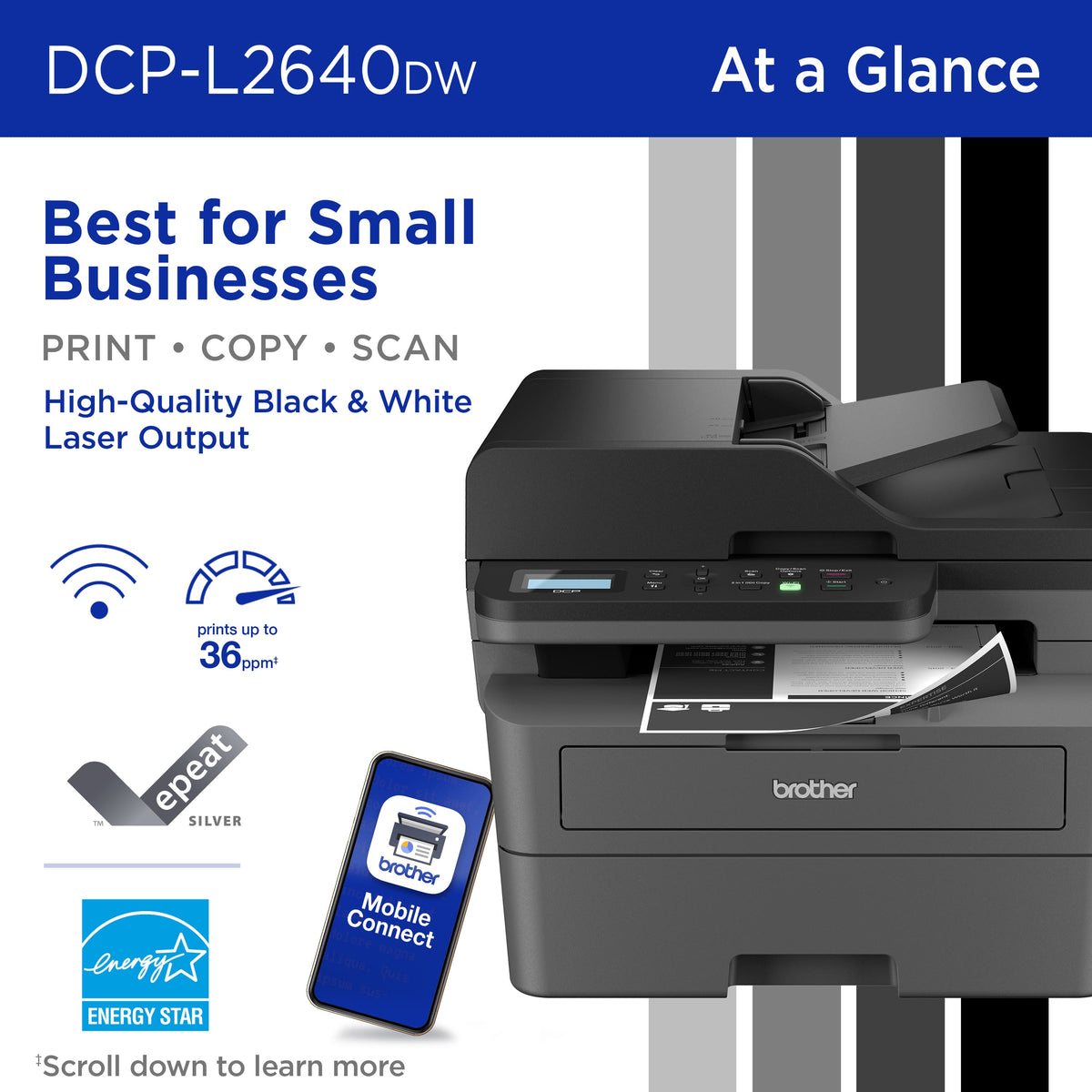 Brother - DCP-L2640DW Wireless Black-and-White Refresh Subscription Eligible 3-in-1 Laser Printer, Great for Small Offices - Gray