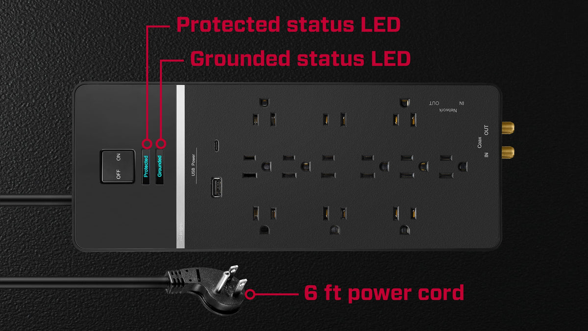 Rocketfish™ - 12-Outlet Strip/1-USB-C/1-USB 4,680 Joules Surge Protector - Black