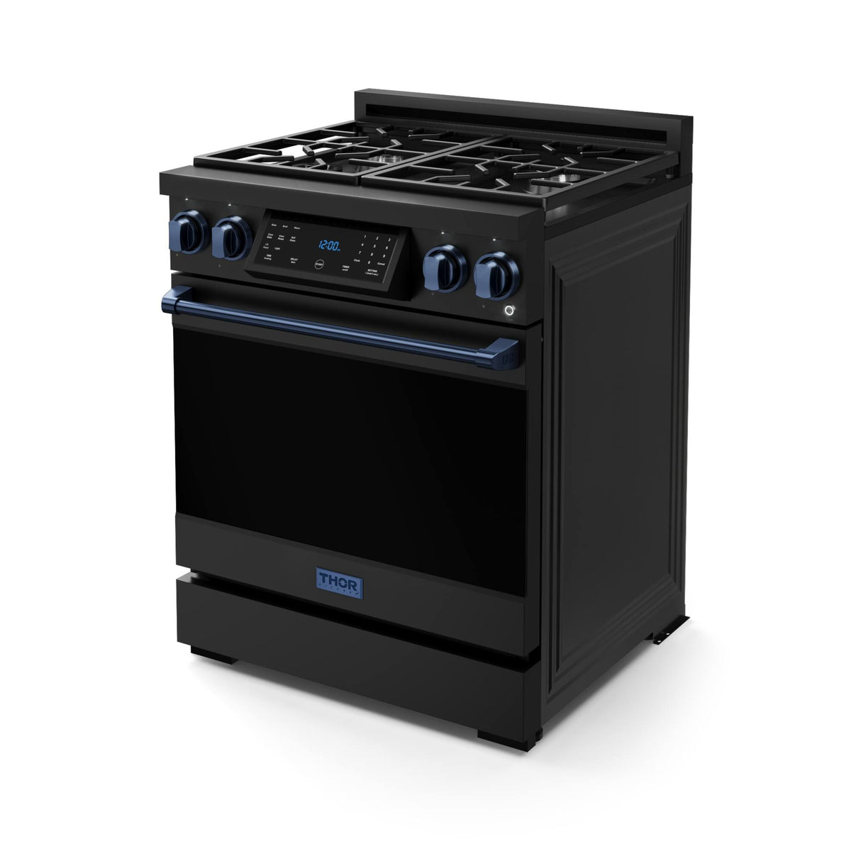 30 in. Wide 4 burner Gordon Ramsay Series by Thor Kitchen 4.55 Cu. Ft Freestanding LP Gas Range with Navy Blue Hardware - Black
