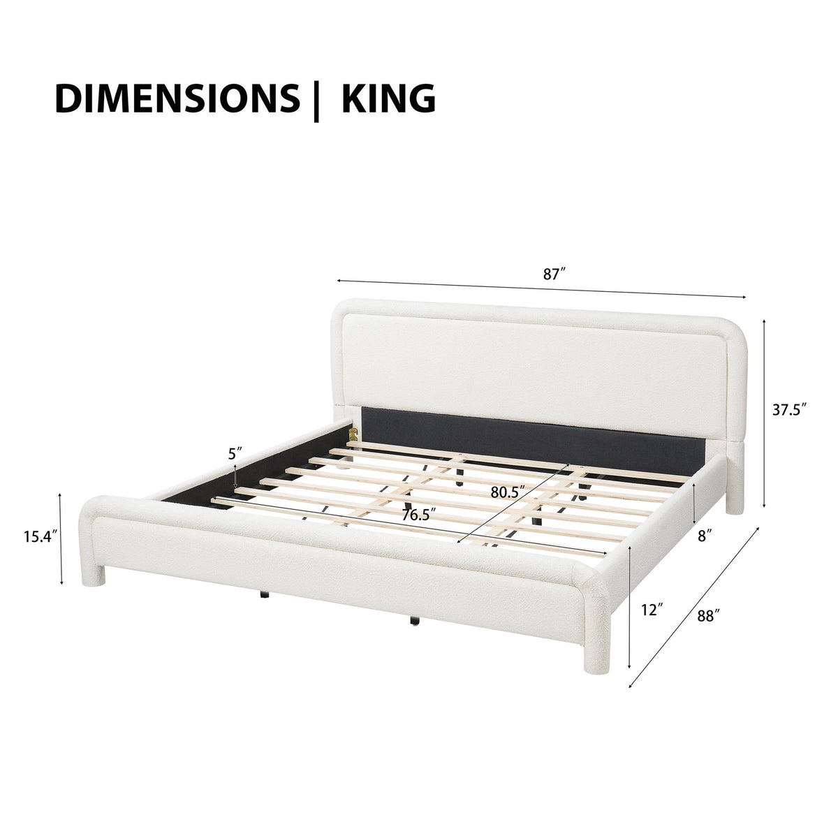 Base de cama tapizada con cabecero curvo, soporte de listones de madera