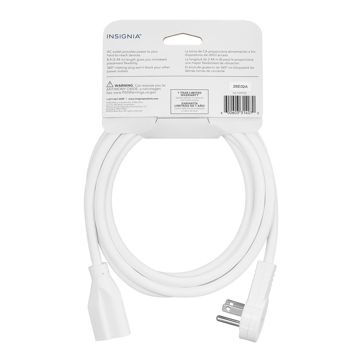 Insignia™ - 8’ 16 AWG Indoor Extension Power Cord with Rotating Plug - White