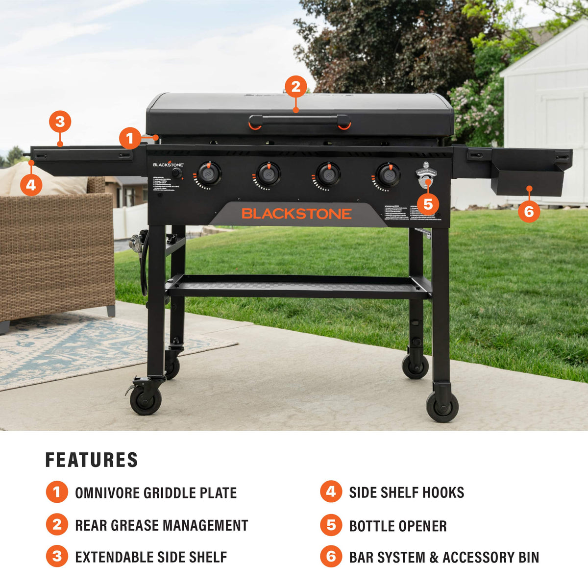 Blackstone - Original 36-in. Outdoor Omnivore Griddle with Hood and Folding Shelves - Black