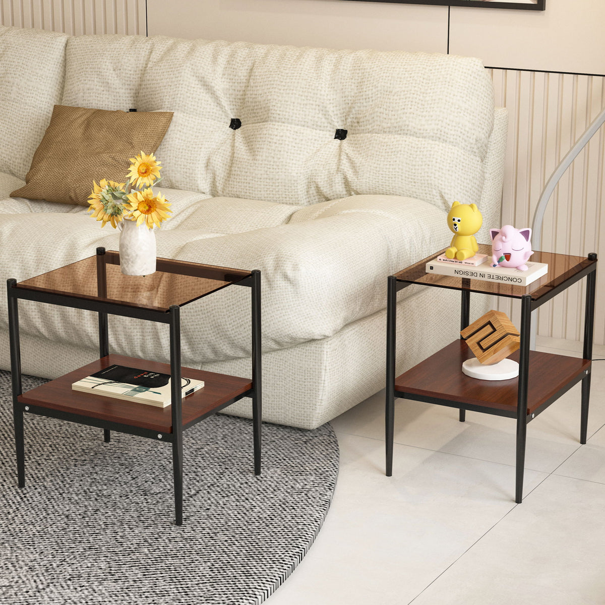 Modern Rectangle End Table (Set of 2) With Tempered Glass Tabletop And Layer - Brown
