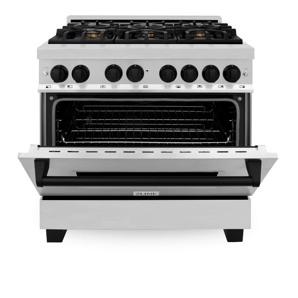 ZLINE - 36 in. Wide 6 Burner Autograph Legacy Dual Fuel Range with Matte Black Accents (RAZ-36-MB) - Stainless Steel/Matte Black Accents