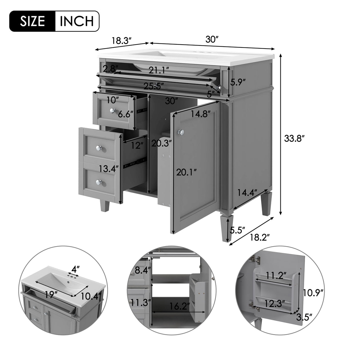 Bathroom Vanity With Top Sink, Storage Cabinet With 2 Drawers, Tip Out Drawer