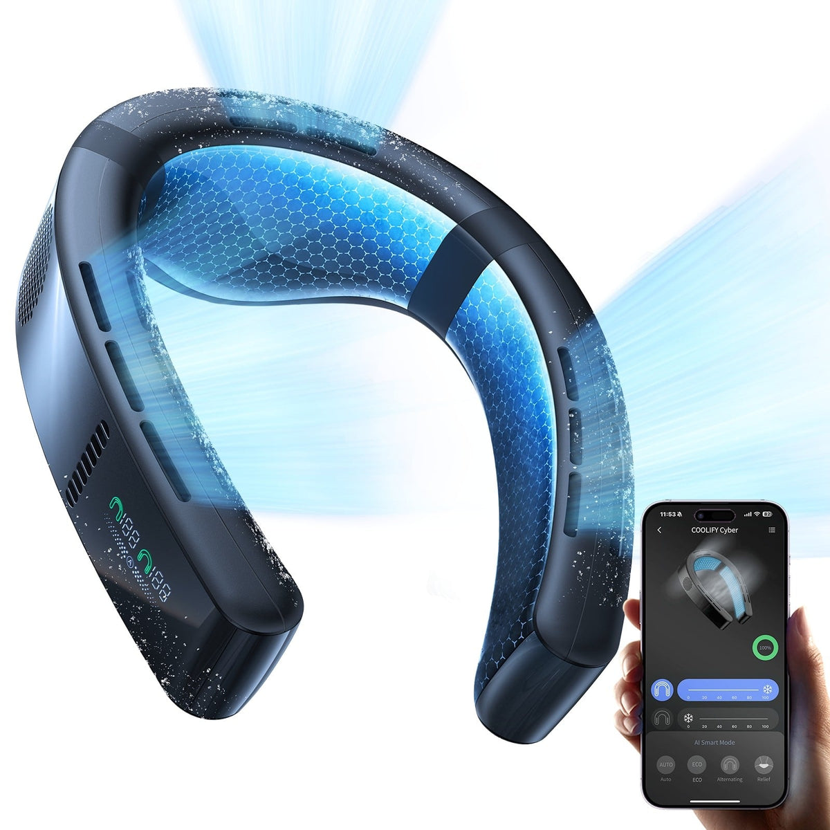 TORRAS - COOLiFY Cyber Ultimate Cooling Portable Neck Fan, Cooling, Heating, and Fan Rechargeable with 6000mAh, Neck Cooler - Cascade Black