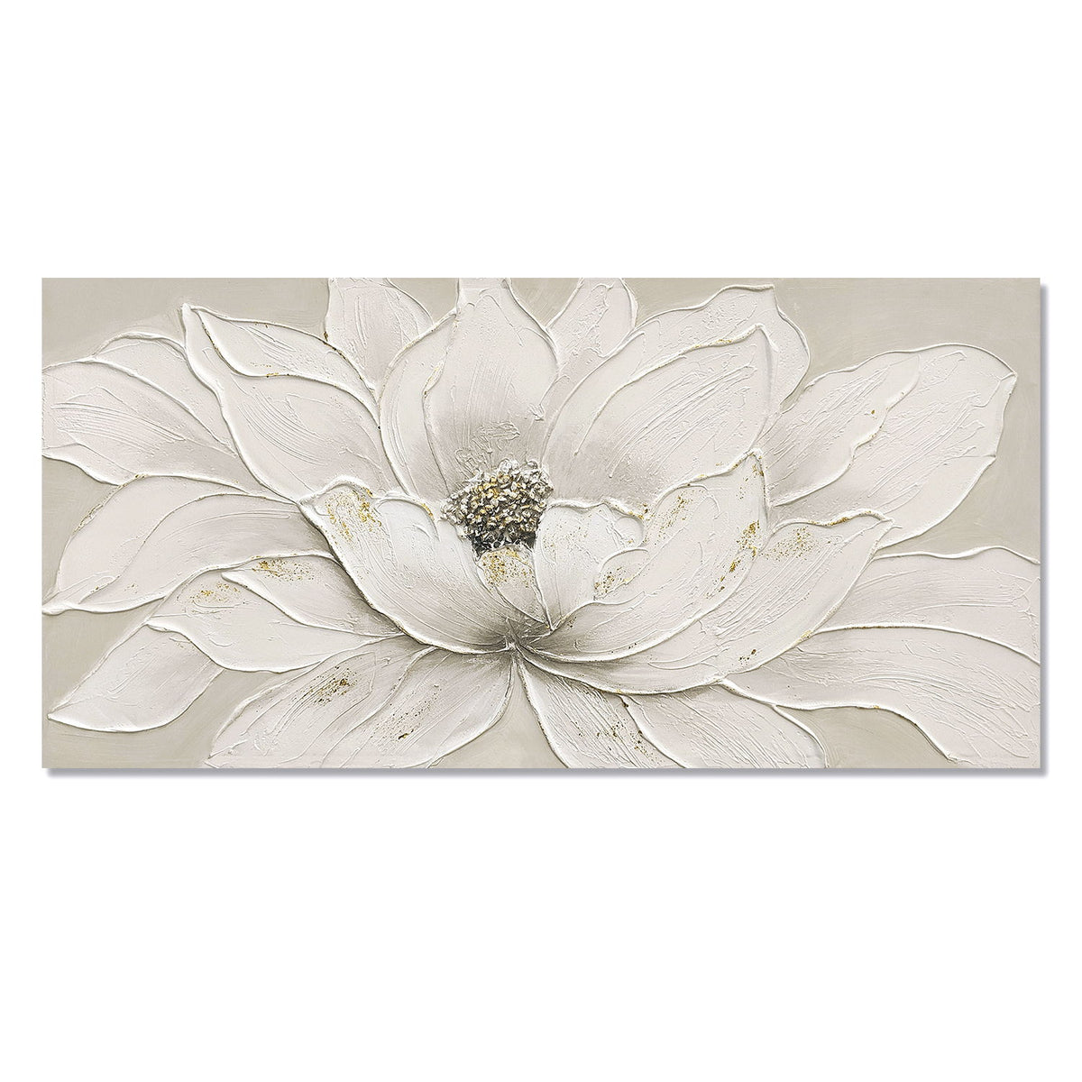 Arte de pared en lienzo de flor de loto, pintura floral texturizada pintada a mano - blanco antiguo