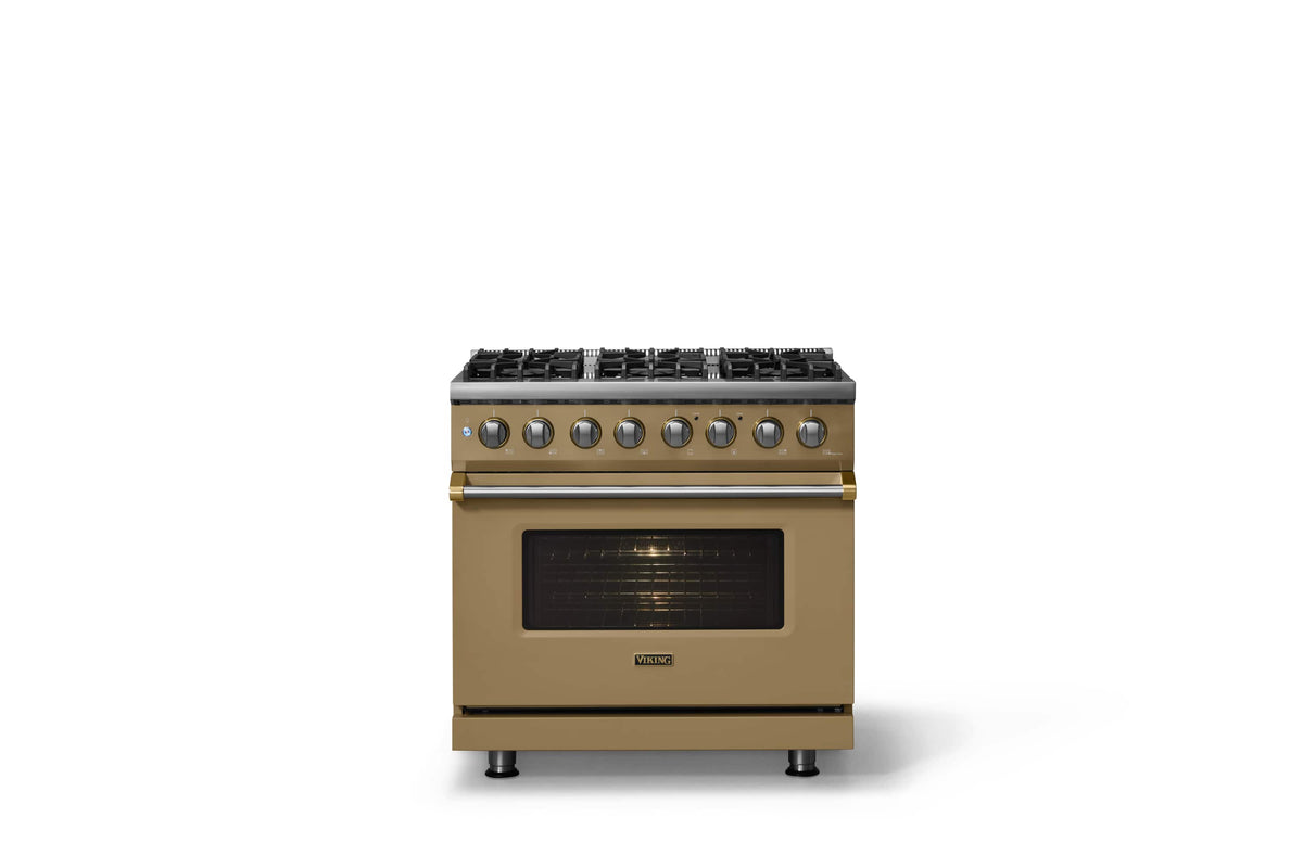 Viking - 36"W 5.6 Cu.Ft. Pro5S Freestanding Sealed 6 Burner Dual Fuel Convection LP Range - Golden Hour w. Brushed Brass Trim - Golden Hour
