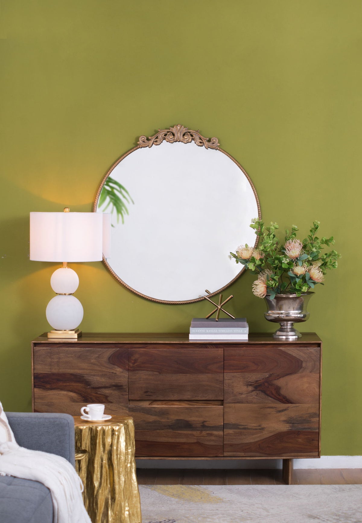 Classic Design Mirror With Baroque Inspired Frame For Bathroom, Entryway Console Lean Against Wall