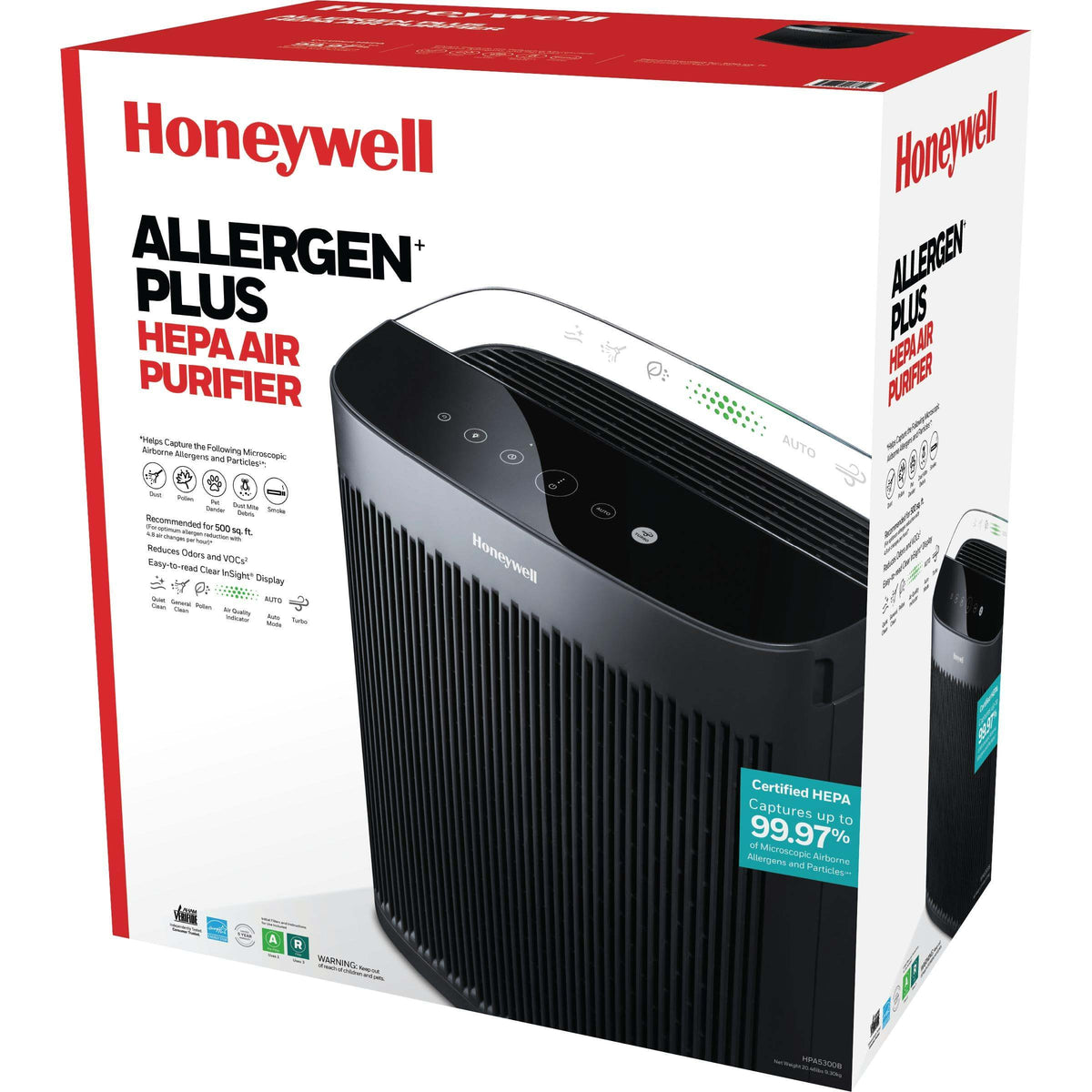 Honeywell - Allergen Plus HEPA Air Purifier, Extra-Large Rooms (500 sq.ft) - Black