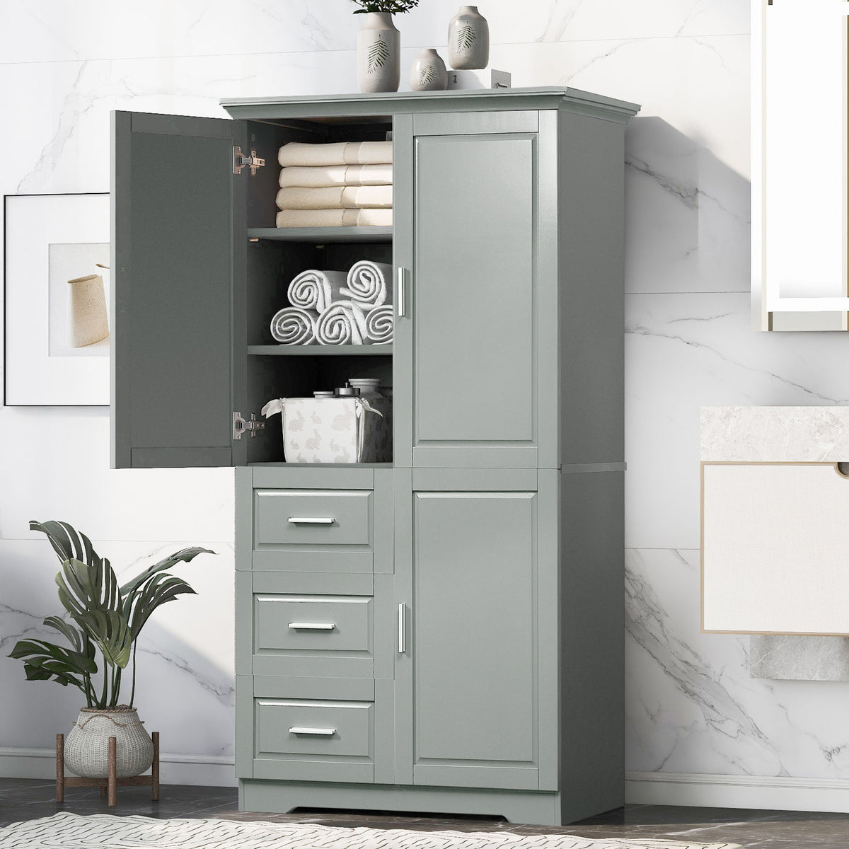 Armario de almacenamiento alto y ancho con puertas para baño u oficina, 3 cajones - Gris