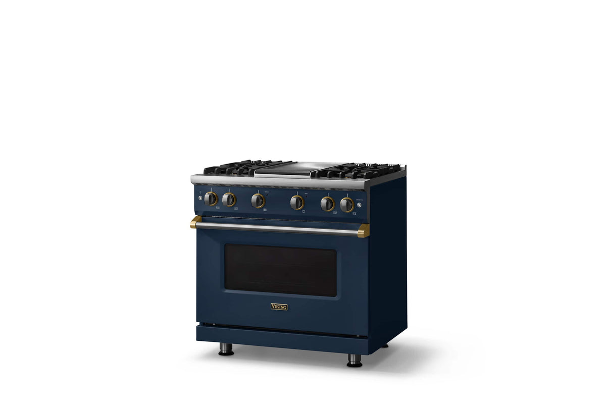 Viking - 36 in. Wide Pro 5 Series 5.1 Cu. Ft. Freestanding Sealed 4 Burner Gas Convection Range - Slate Blue w. Brushed Brass - Slate Blue
