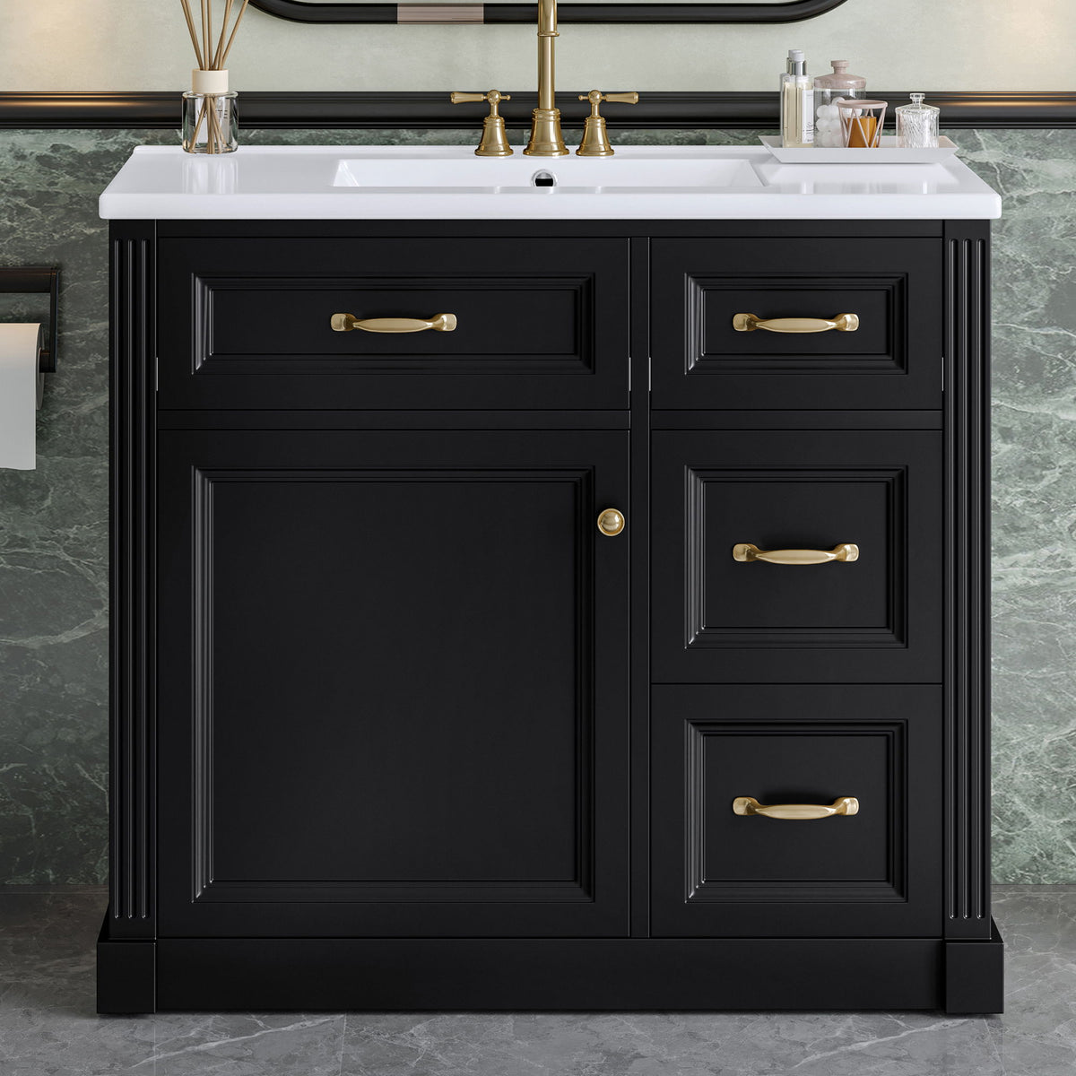Tocador de baño moderno con lavabo, 4 cajones, puerta de cierre suave, estante ajustable