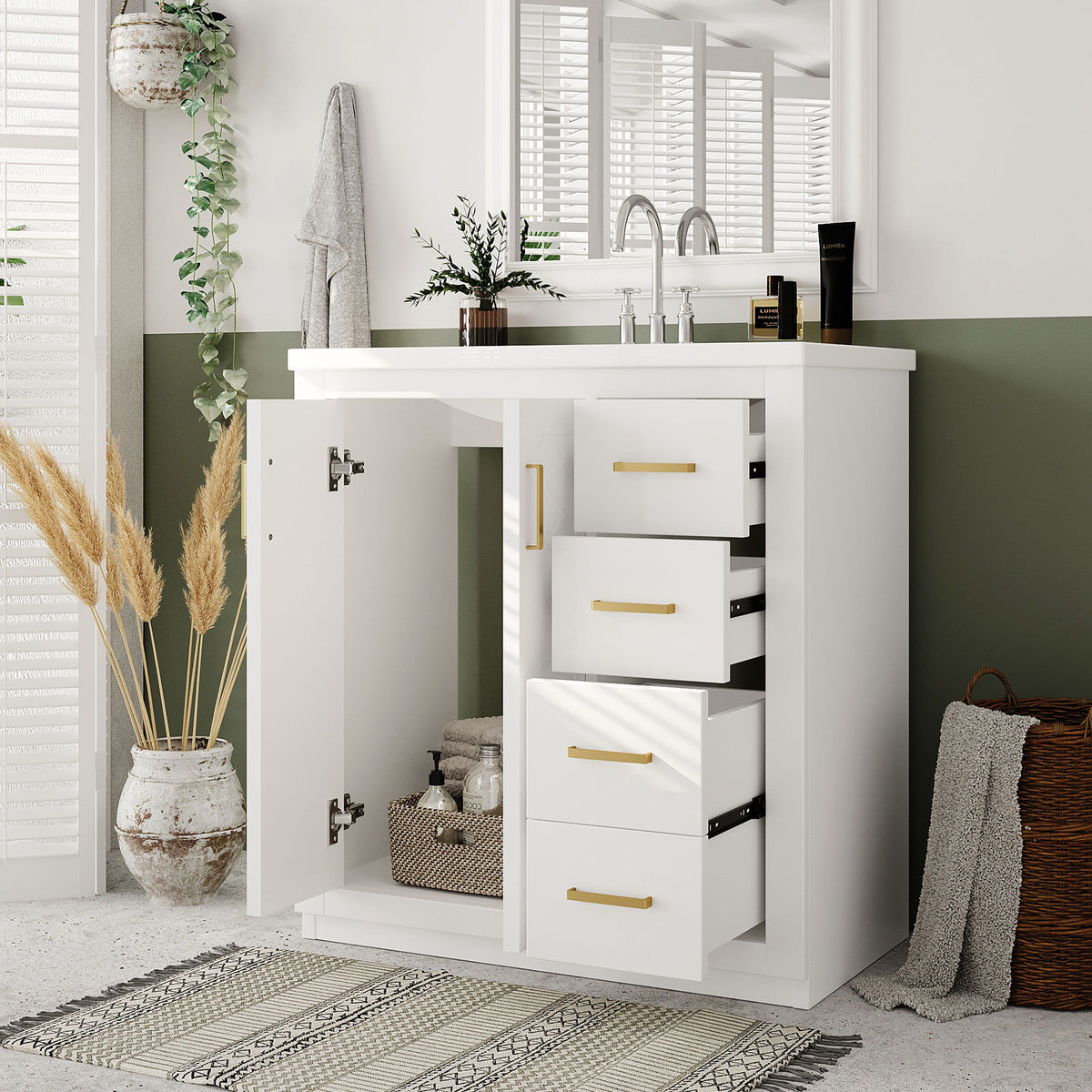 Tocador de baño con lavabo, mueble de almacenamiento, conjunto independiente con 3 cajones y puertas de cierre suave
