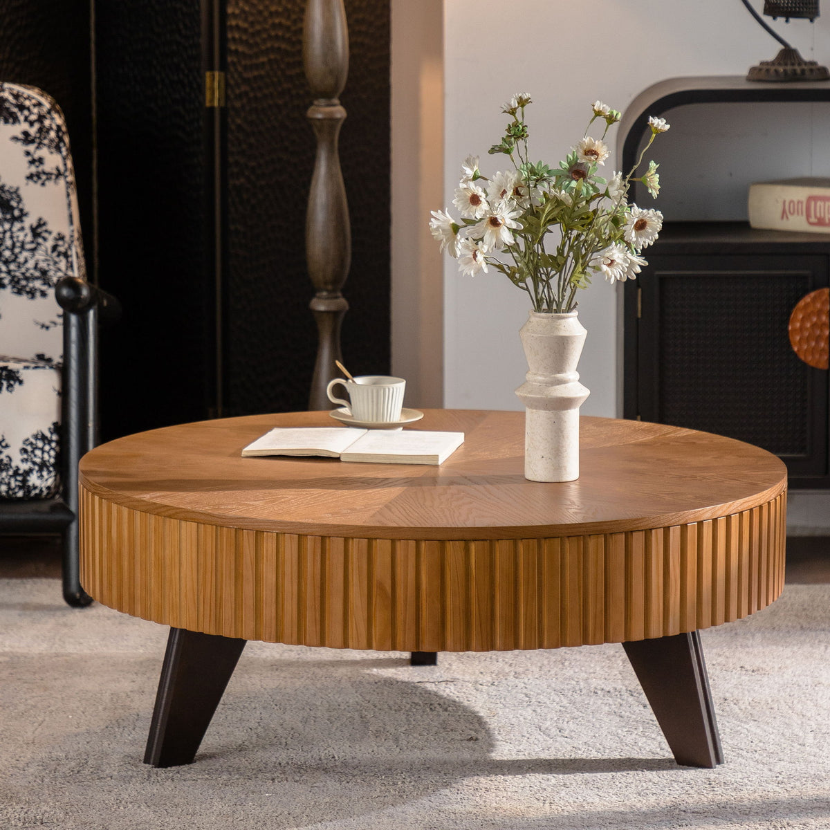 Round Retro Coffee With Solid Wood Legs