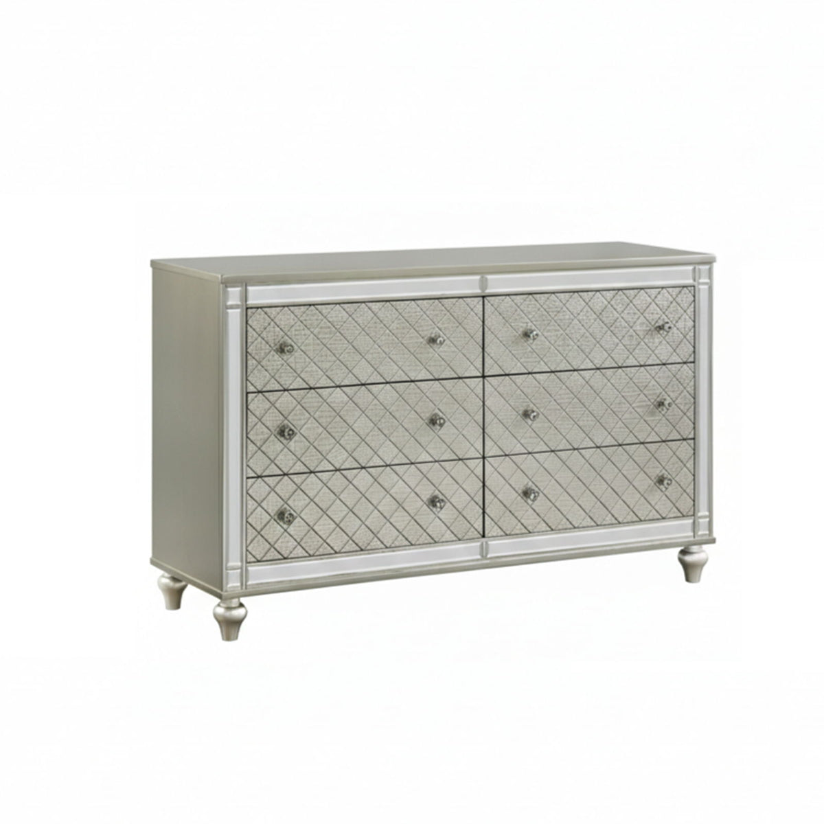 6 Drawer Bedroom Dresser With Diamond Patterned Drawer Fronts - Silver