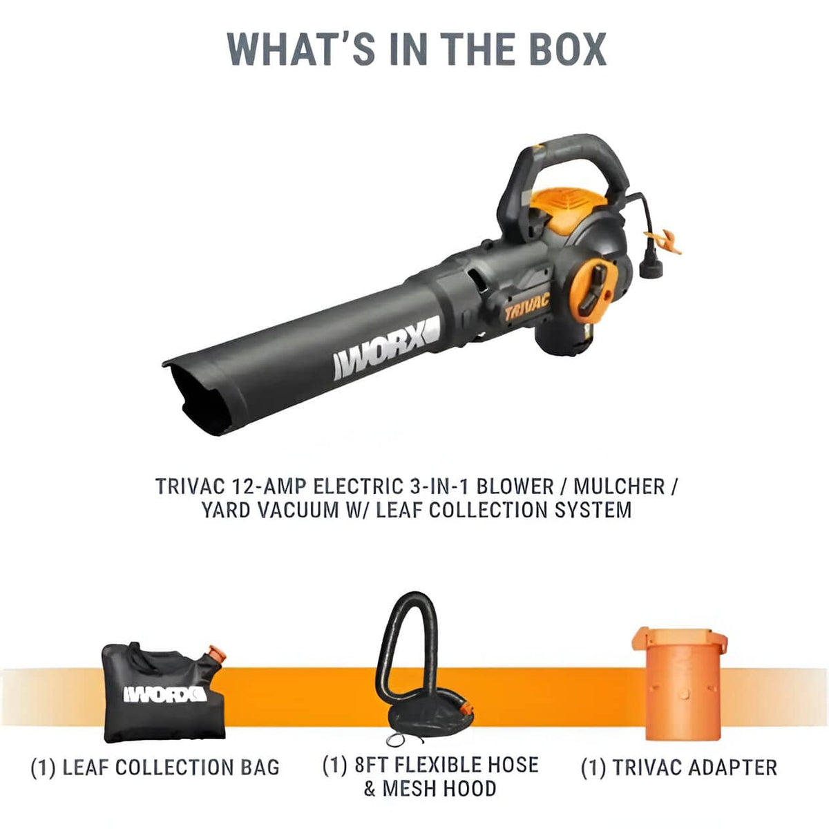 WORX - 12 Amp TRIVAC 70 MPH 600 CFM Corded Blower, Mulcher, and Vaccum - Black