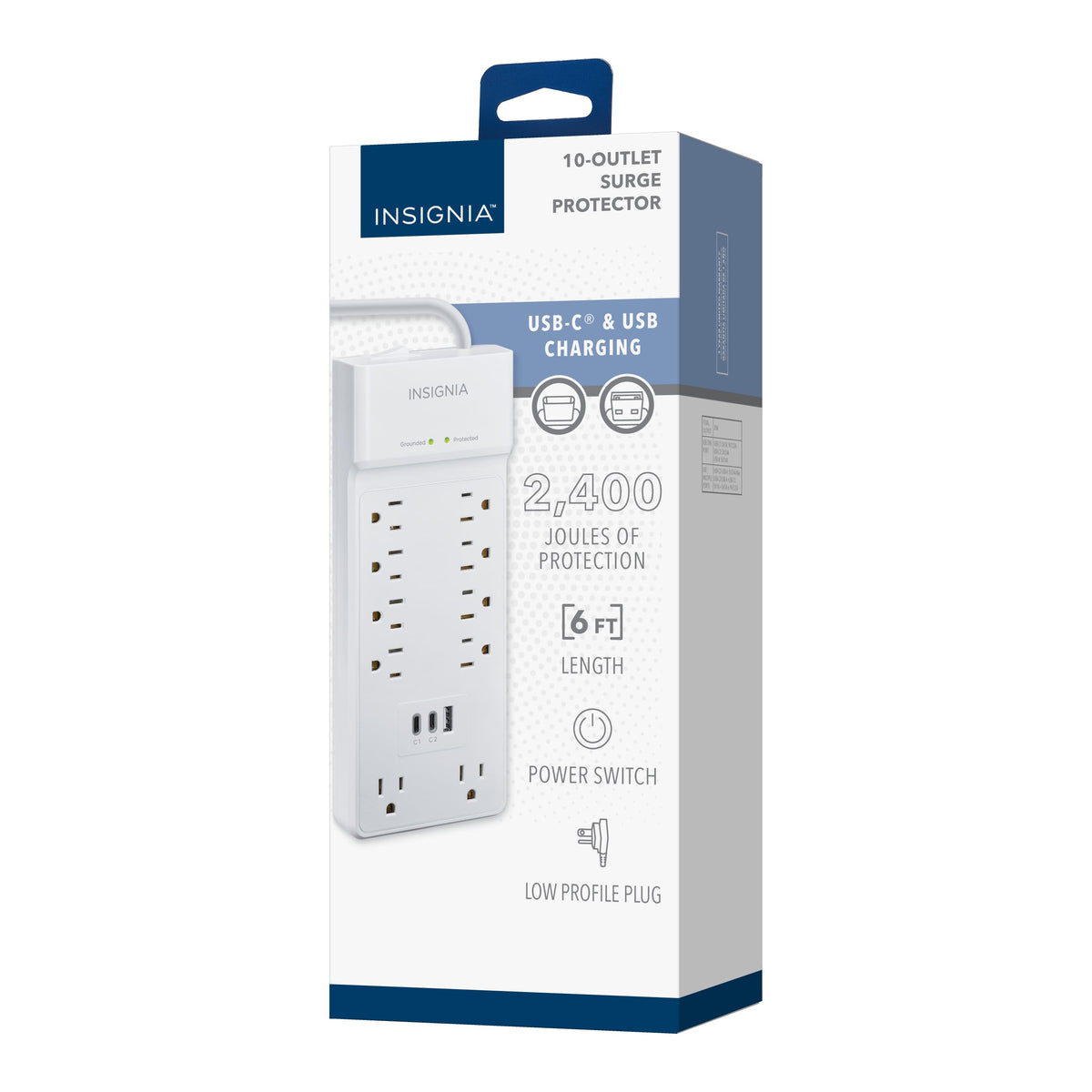 Insignia™ - 10-Outlet / 2-USB-C / 1-USB 2,400 Joules Surge Protector Strip with 6 ft. Power Cord - White