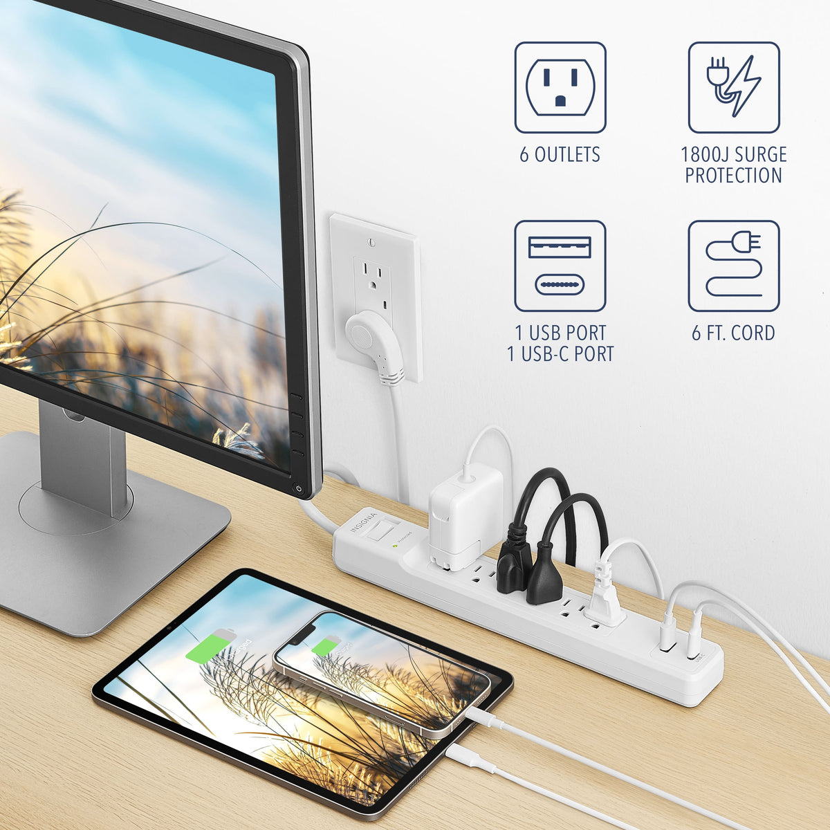 Insignia™ - 6-Outlet / 1-USB-C / 1-USB 1,800 Joules Surge Protector Strip with 6 ft. Power Cord - White