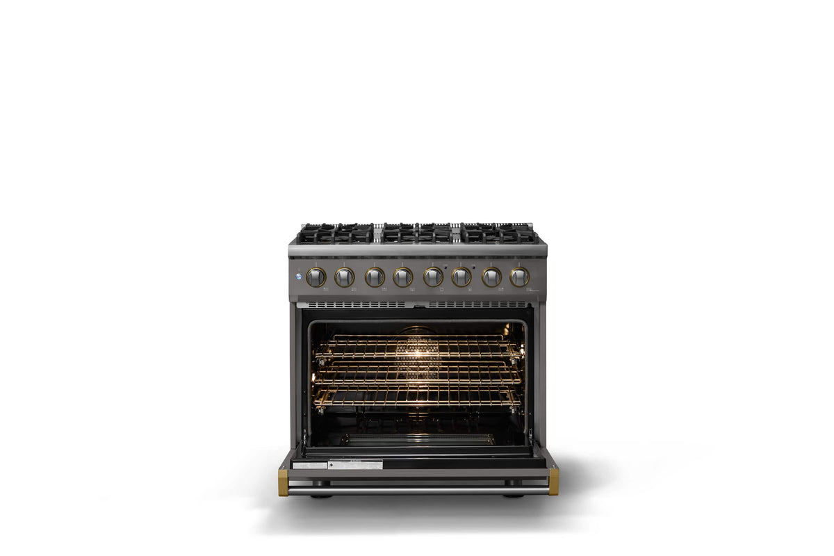 Viking - 36 in. Wide 6 Burner Pro 5 Series 5.6 Cu. Ft. Freestanding Sealed LP DF Convection Range with Brushed Brass Trim - Damascus Gray