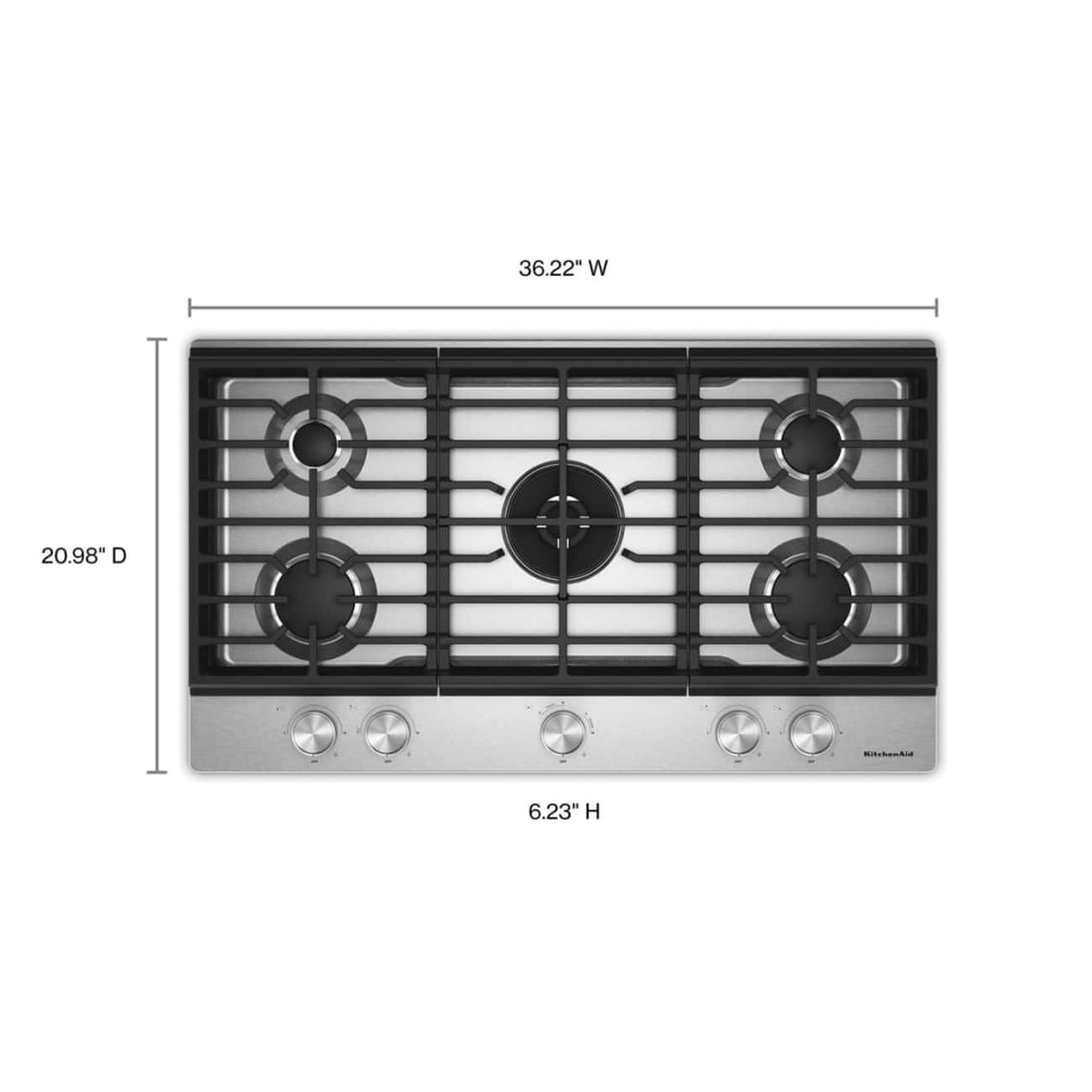 KitchenAid 36  in. Gas Cooktop with 5 Burners and Integrated Wok Grate - Stainless Steel