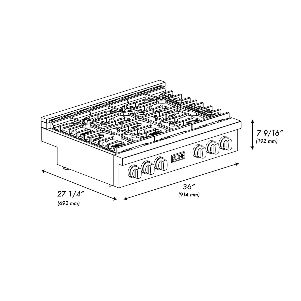 ZLINE - 36 in. Wide 6 Burner Paramount Gas with DuoPro Cooktop in Black Satin Stainless Steel (PSRTBS-36) - Black Satin Stainless Steel