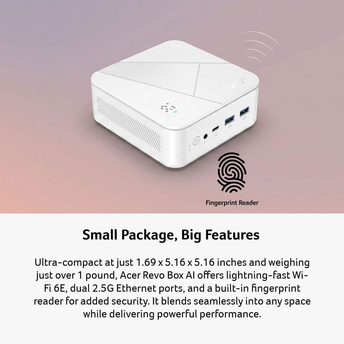 Acer - Revo Box AI RB102-GGP-UB33 Mini PC Desktop Copilot+PC - AMD Ryzen AI 7 445 2026 - 16GB DDR5 Memory - 512GB Storage - White