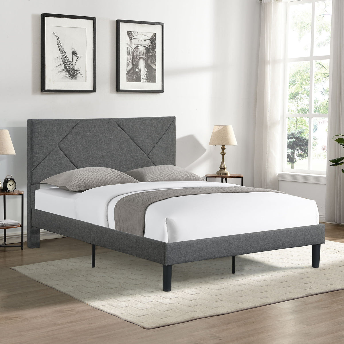 Upholstered Platform Bed Frame With Headboard, Wood Slat Support