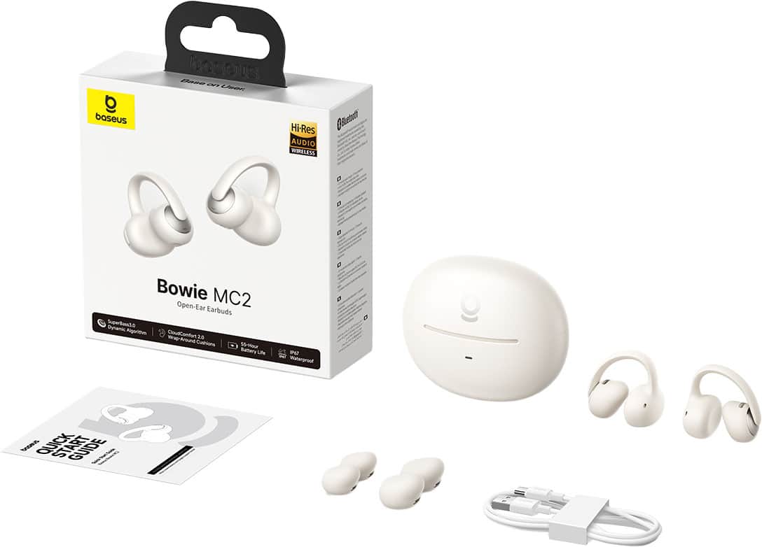 Baseus - Bowie MC2 Open-Ear Clip-On Earbuds - LDAC Hi-Res Audio,55-Hour Playtime,IP67 Water Resistance - White