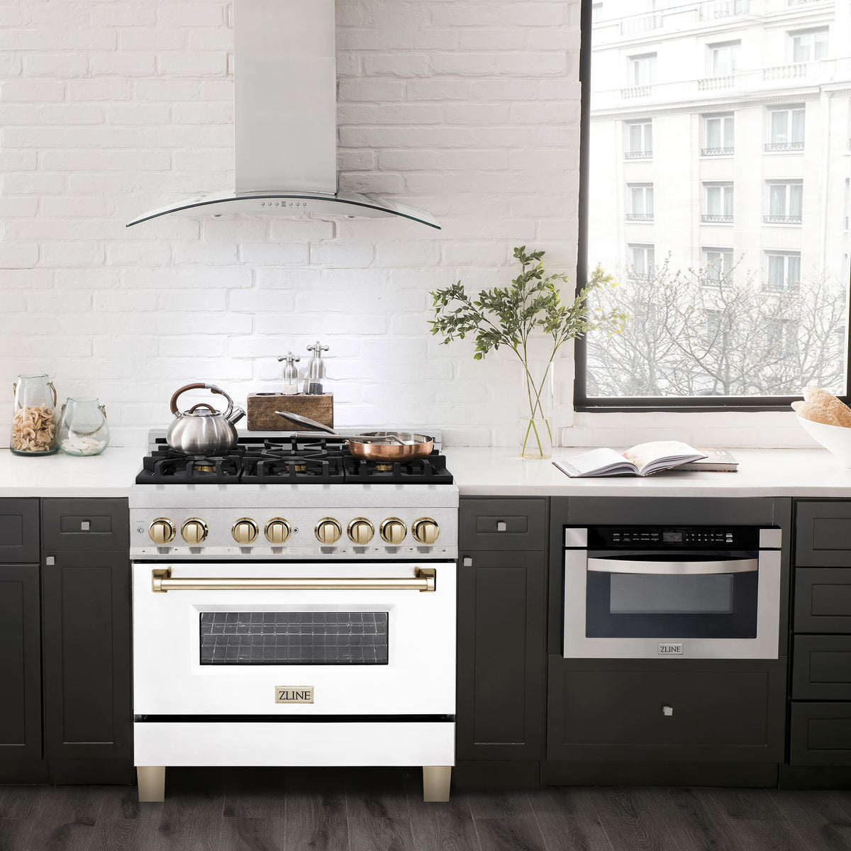 ZLINE - 36 in. Wide 6 Burner Autograph Legacy Dual Fuel Range in Satin Steel w/ White & Gold Accents (RASZ-WM-36-G) - Stainless Steel