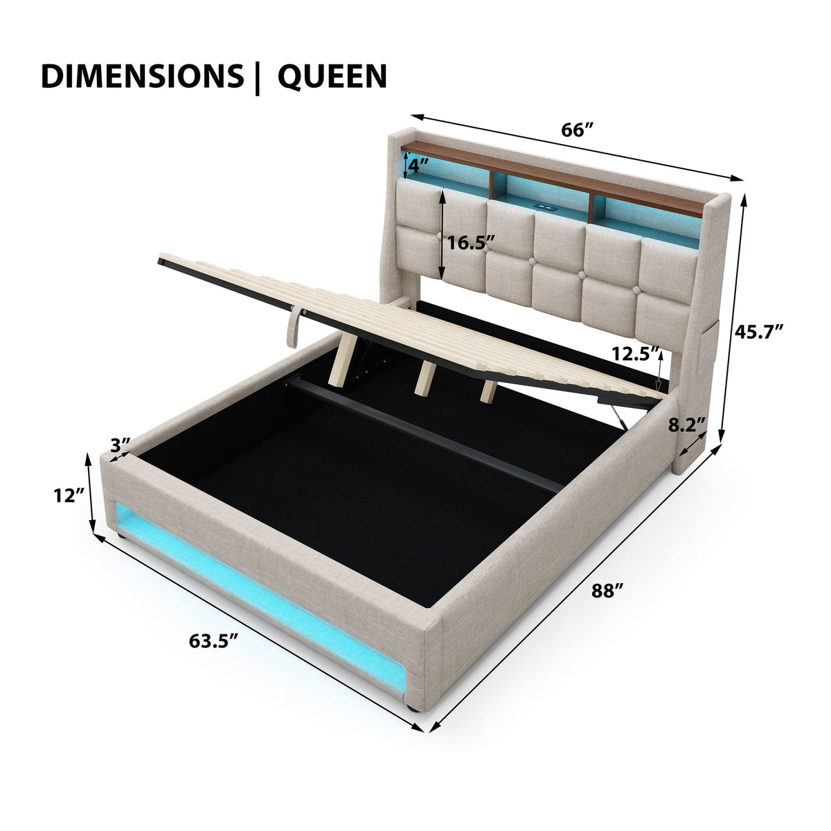 Cama con plataforma con almacenamiento hidráulico, iluminación LED y estación de carga