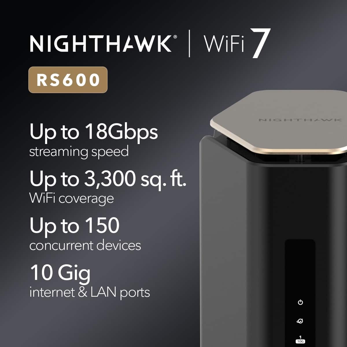 NETGEAR - Nighthawk WiFi 7 Router RS600, 18 Gbps, Up to 3,300 sq ft, 150 Devices - Black
