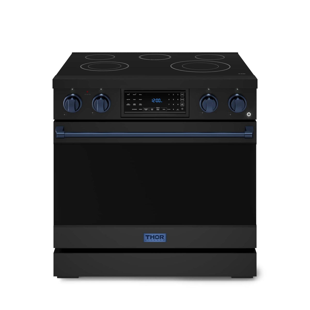 36 in. Wide 5 Elements Gordon Ramsay Series by Thor Kitchen 6.0 Cu.Ft Freestanding Electric Range with Navy Blue Handles - Black