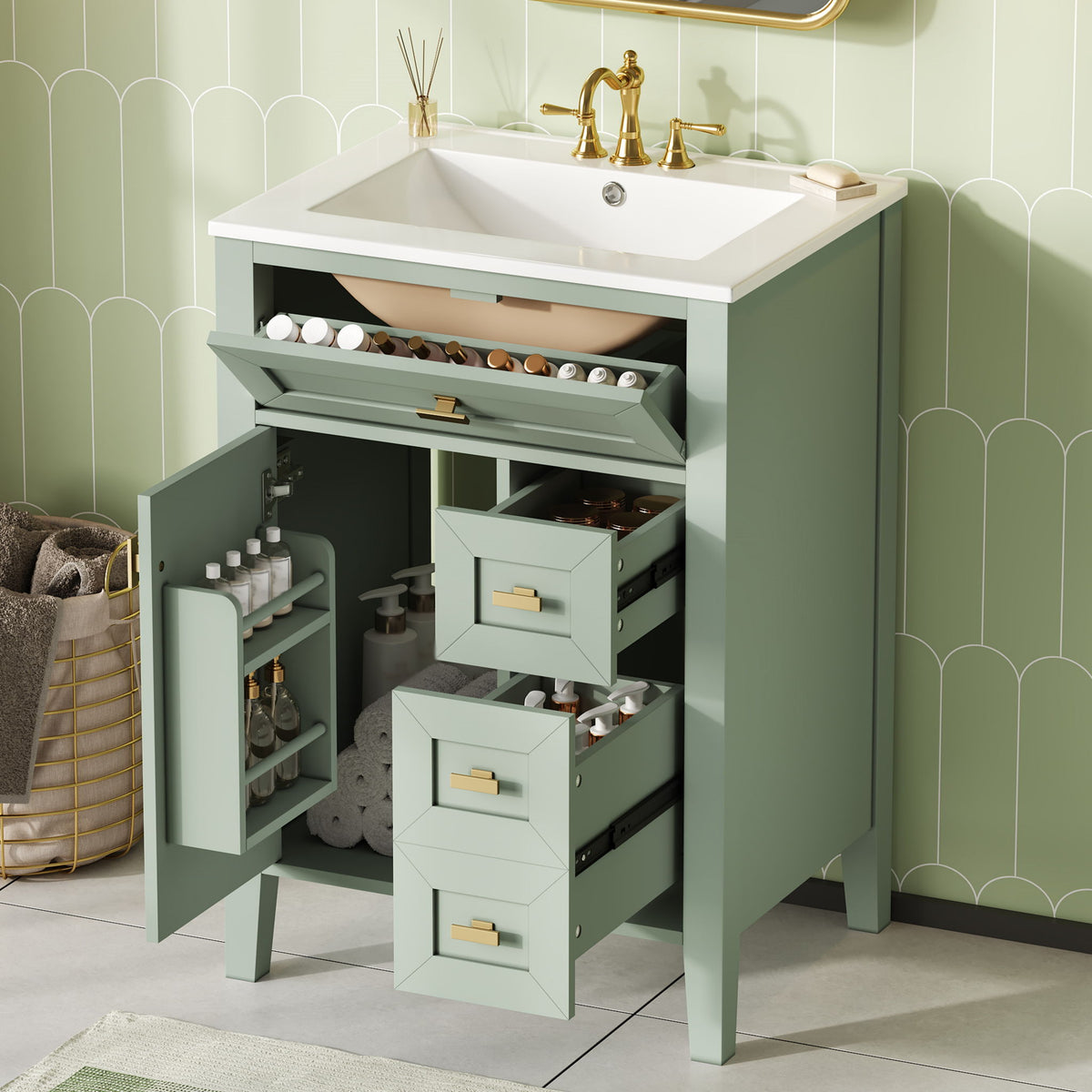 Tocador de baño con lavabo, 3 cajones y gabinete con estante de almacenamiento de 2 niveles en la puerta, puertas y cajones con cierre suave