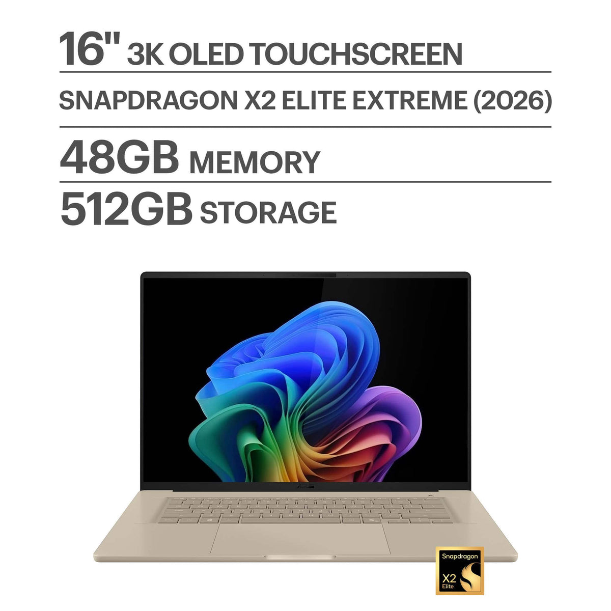 ASUS - Zenbook A16 16" 3K OLED Touch Screen Laptop - Snapdragon X2 Elite Extreme (2026) - 48GB RAM - 512GB SSD - Copilot+ PC - Zabriskie Beige