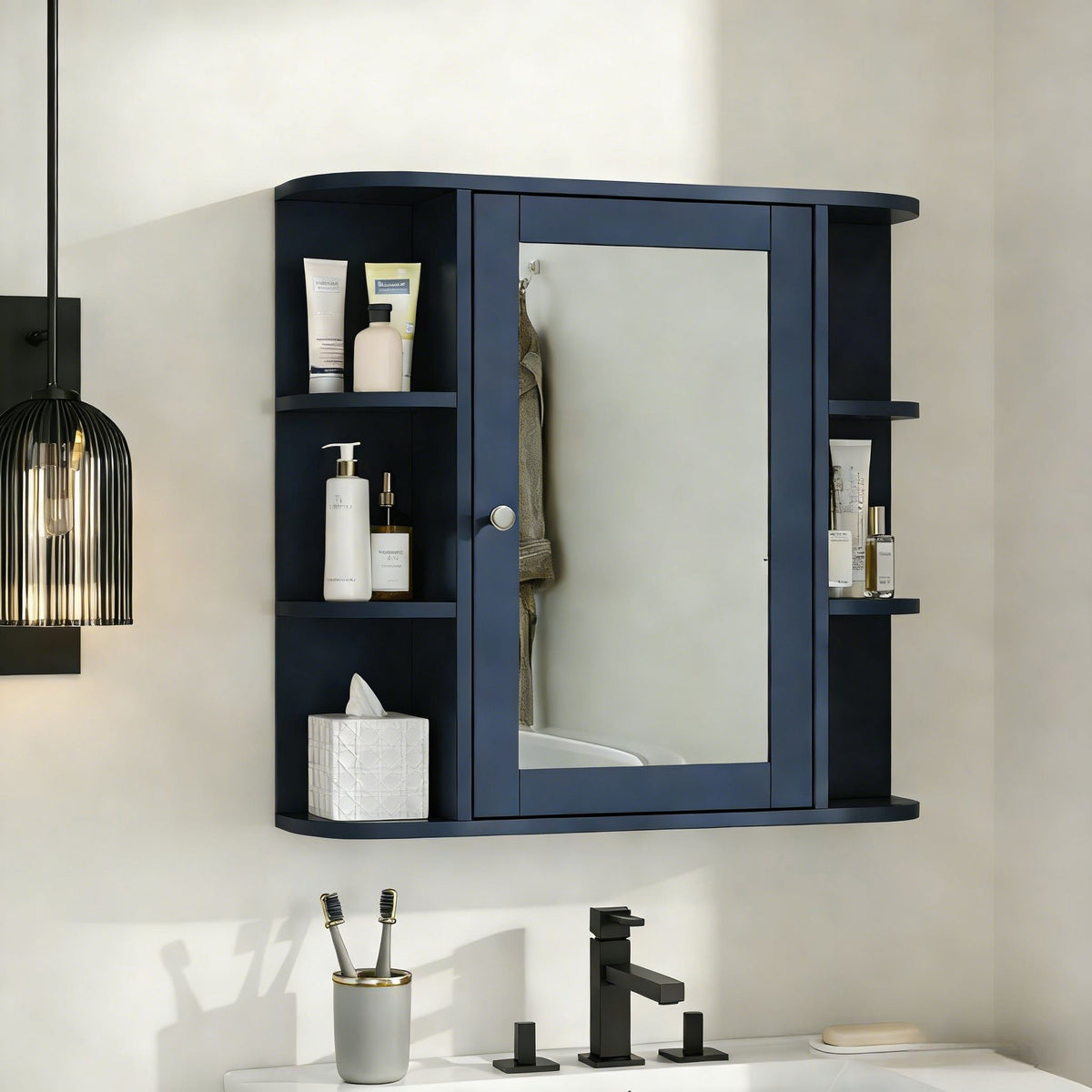 Armario de pared para baño con espejo y estante ajustable, 6 estantes abiertos