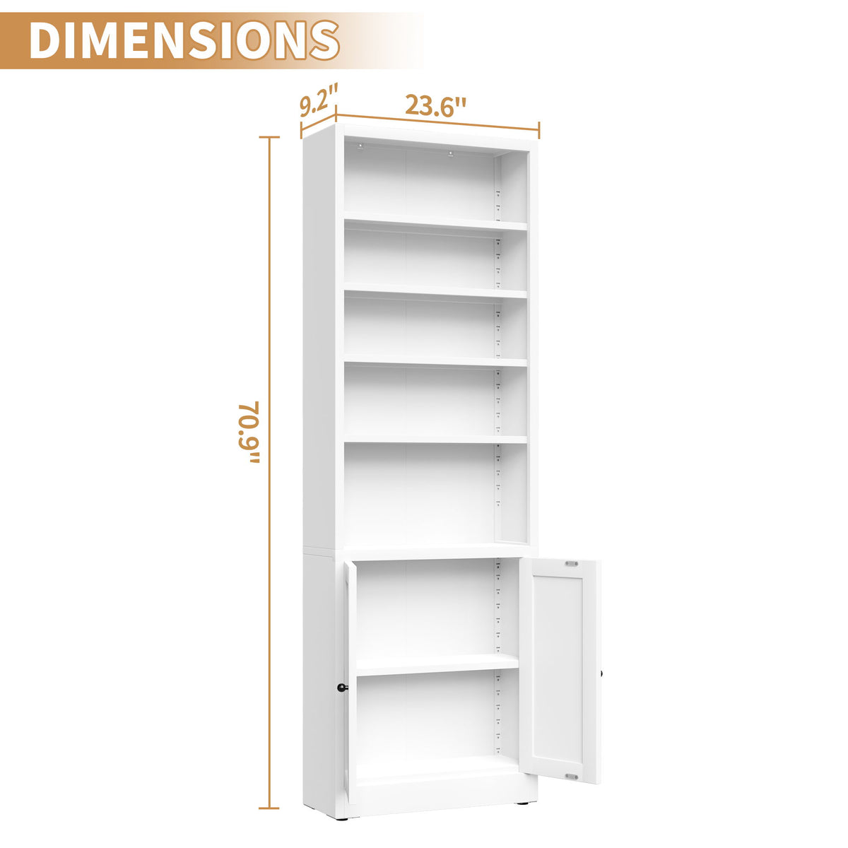 Estantería alta de 5 niveles con puerta, estante de almacenamiento ajustable profundo - Blanco