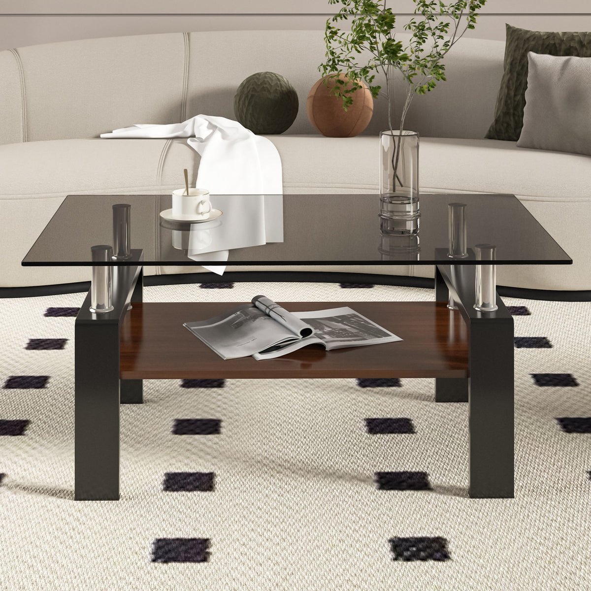 Modern Rectangular Coffee Table With Tempered Transparent Glass Top And Storage Shelf