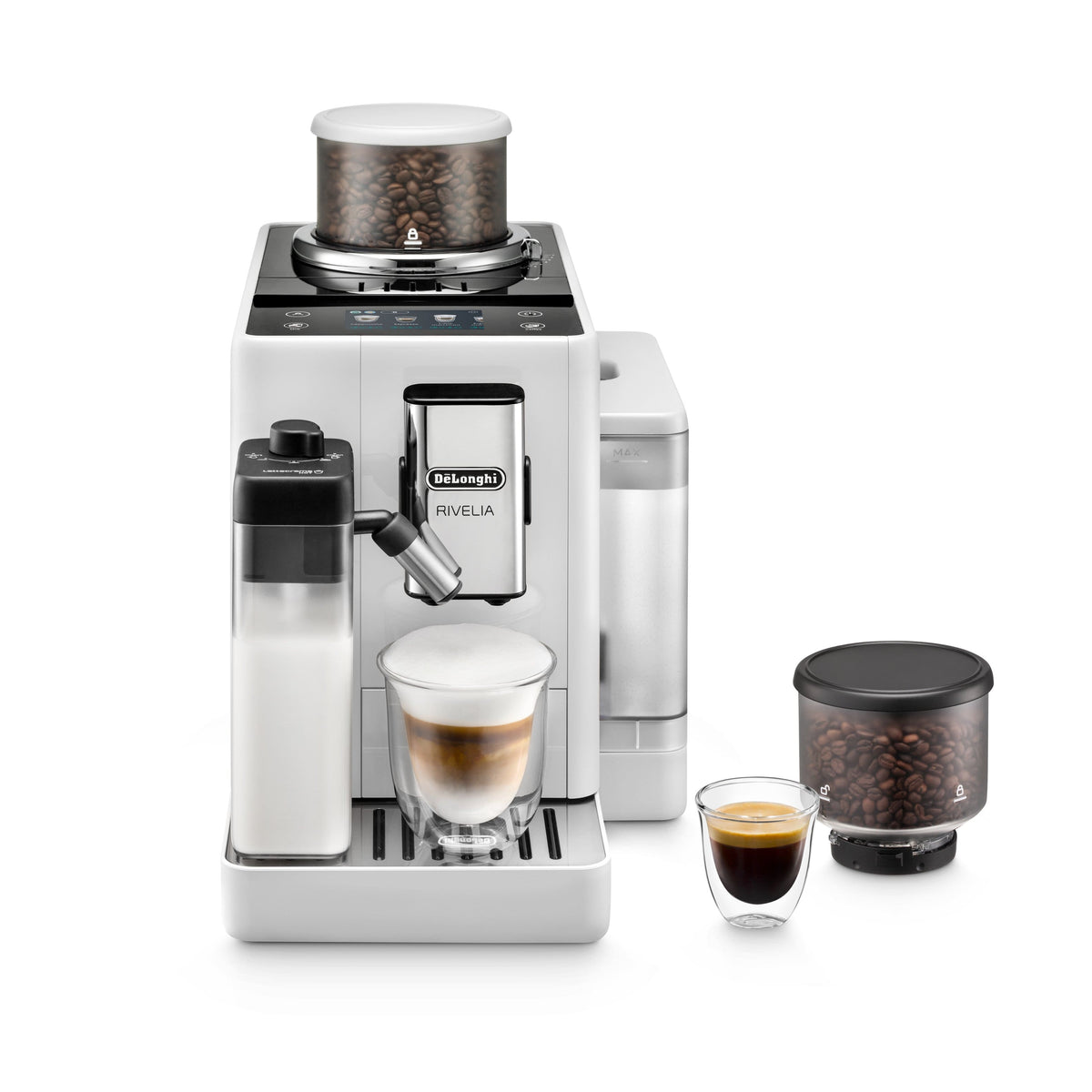 De'Longhi - Rivelia Fully Automatic Espresso Machine, Integrated Grinder, 2 Removable Bean Hoppers, Automatic Milk Frother - Arctic White