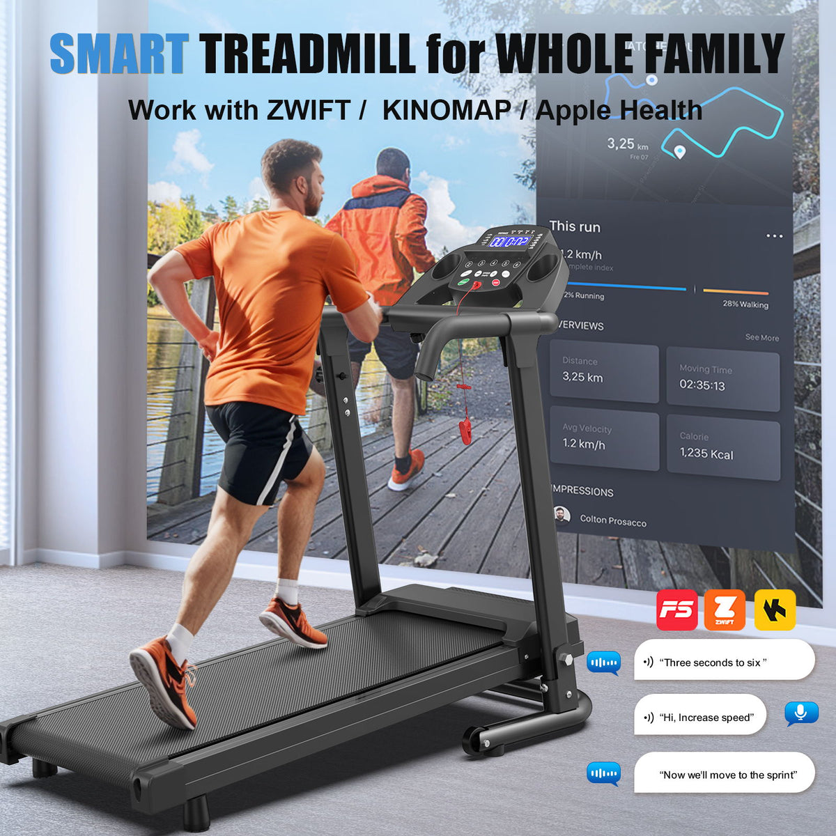 Cinta de correr portátil de 2.5 Hp con manijas, control por aplicación y pantalla LED - Negro